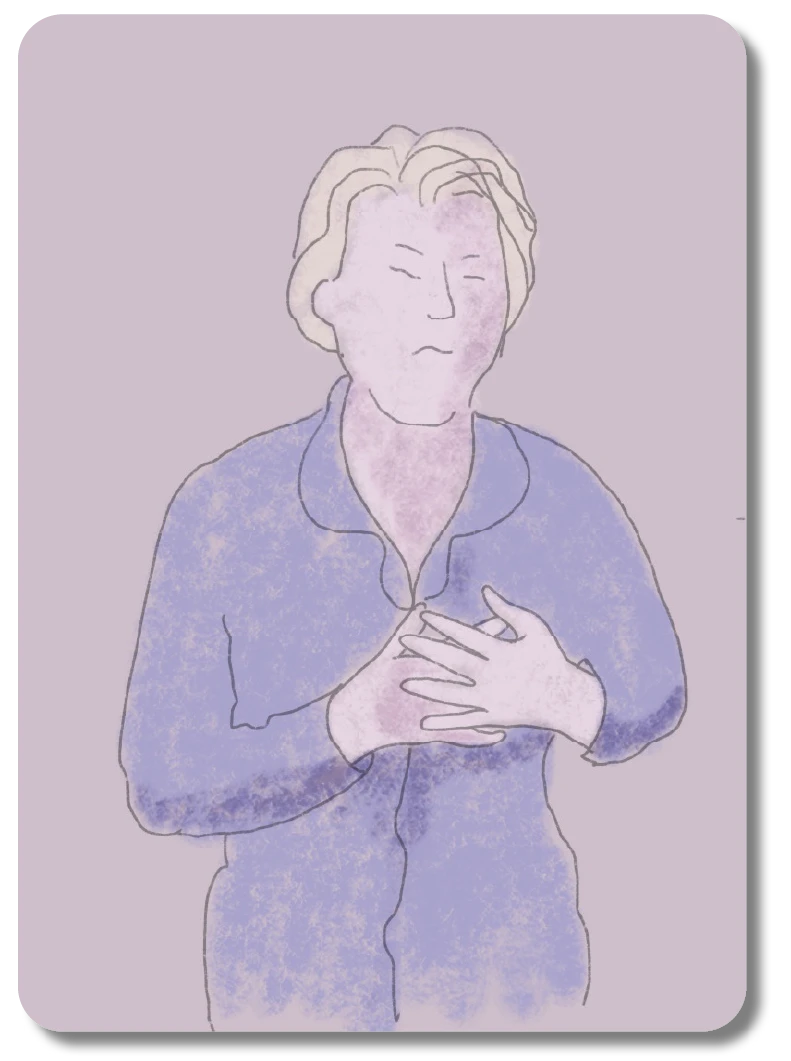 Illustrations on two overlapping cards. First card shows someone suffering from chest pain. Second card shows someone sleeping sideways on a bed, head on a pillow.