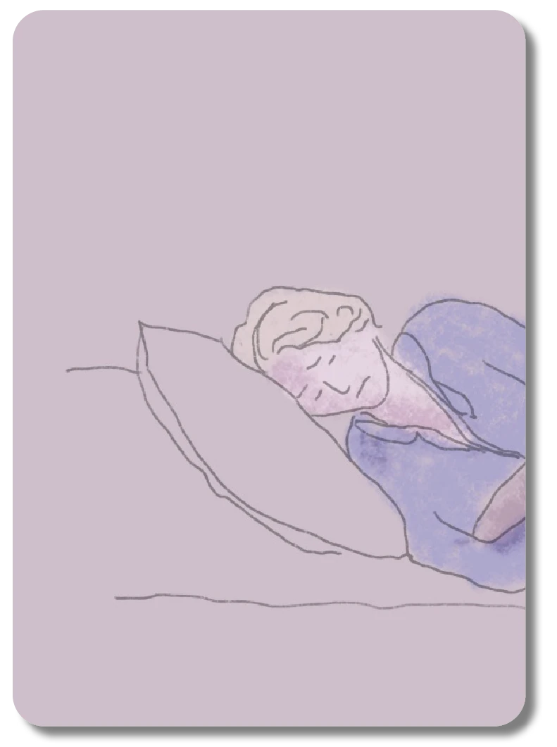 Illustrations on two overlapping cards. First card shows someone suffering from chest pain. Second card shows someone sleeping sideways on a bed, head on a pillow.