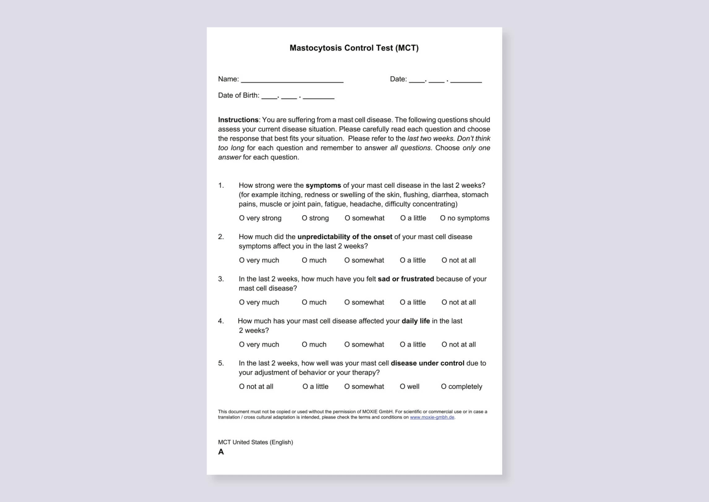 Mastocytosis Control Test form
